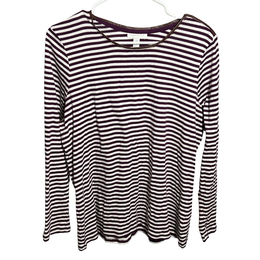 Charter Club Women's XL Long Sleeve Striped T-Shirt Top Faux Leather Trim Purple